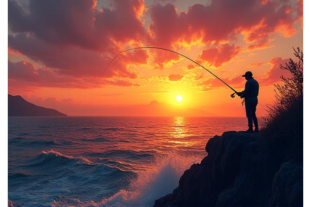 夕焼けに染まる日本の海岸線で釣りを楽しむ姿