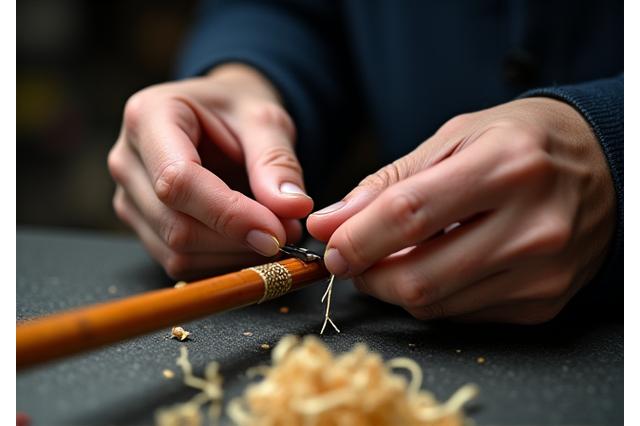 職人が手作業で丁寧に釣り竿を研磨する様子