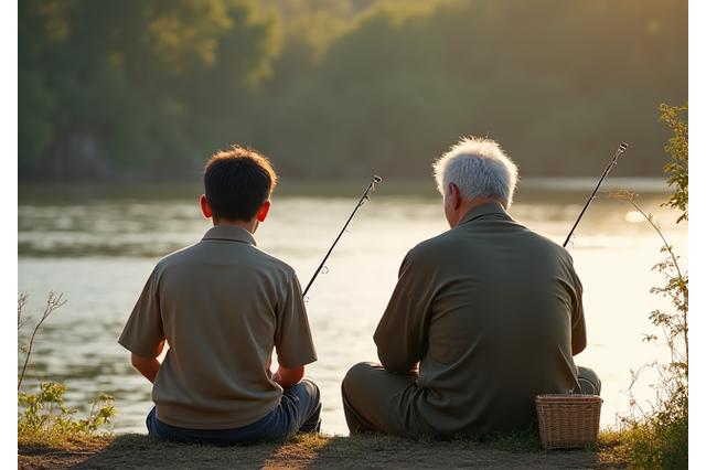 祖父と孫が一緒に釣りの準備をしている後ろ姿
