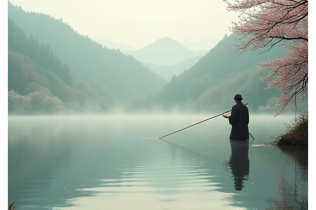 穏やかな湖畔で伝統的な和竿を使う釣り人