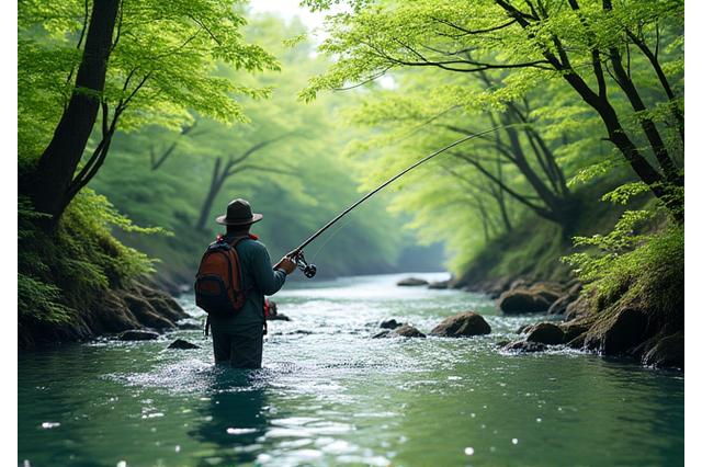 新緑が美しい日本の渓流で釣竿を構えるアングラー